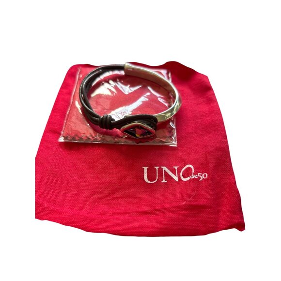 Uno de 50 Women's Glacier Bracelet Silver-Plate, Leather Swarovski Crystal - Picture 1 of 8